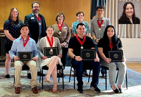 Newly inducted members of Westfield State University’s Mu Nu chapter of Pi Sigma Alpha Pi Sigma.  Front Row: Shahzair Tasneem, Alison Lundgren, Nicholas Lecce, Maggie Roberts.  Back Row: Natalie Pullen (2022 inductee), Dr. Charles DiStefano, Dr. Marsha Marotta, Dr. Heather Brown, Dr. Hugh Jo.  Inset: Gwyneth Smith (Submitted photo)