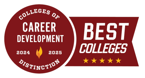 A visual red graphic that says "Colleges of Distinction: Career Development", as Westfield State University has won an award for its outstanding career development initiatives. 