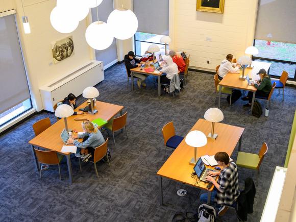 Interior view of the main floor of the Ely Library, taken from the 2nd floor