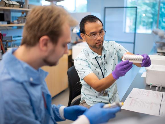 Two biology majors at Westfield State University work in a science lab.