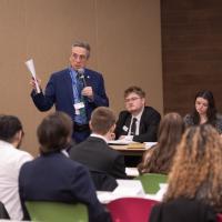 Mayor William Reichelt of West Springfield speaking at the SGA's Civic Leaders Speaker Series, encouraging local volunteerism. 